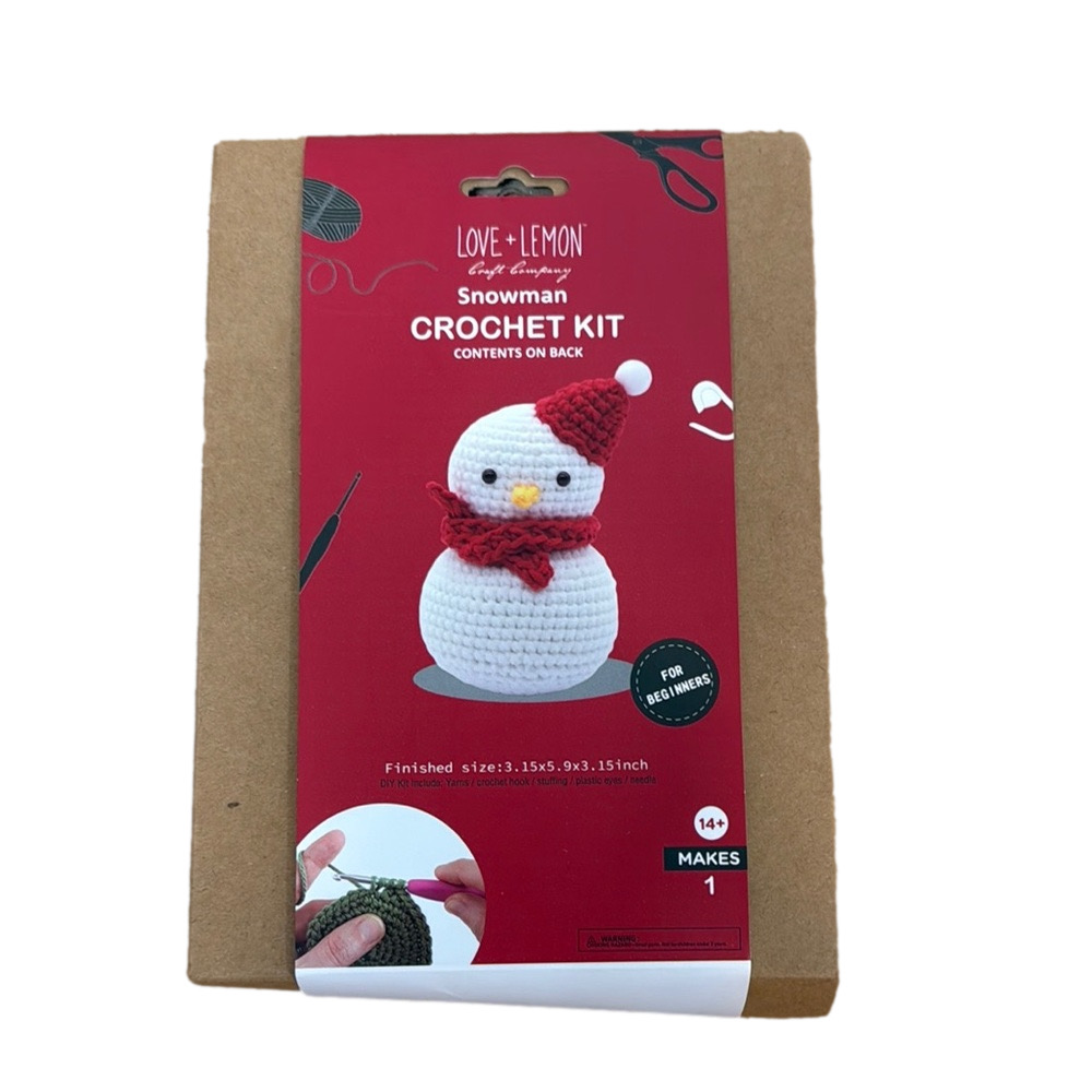 For Love And Lemons Red and White Snowman Crochet Kit. Holiday Christmas